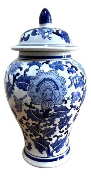 Classic 15” Tall Chinoiserie Floral Decor Blue and White Ceramic Ginger Jar