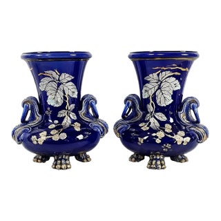 Antique French Cobalt Blue Faience Urns Pair W/ Gilt Swan Handles For Sale