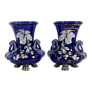 Antique French Cobalt Blue Faience Urns Pair W/ Gilt Swan Handles