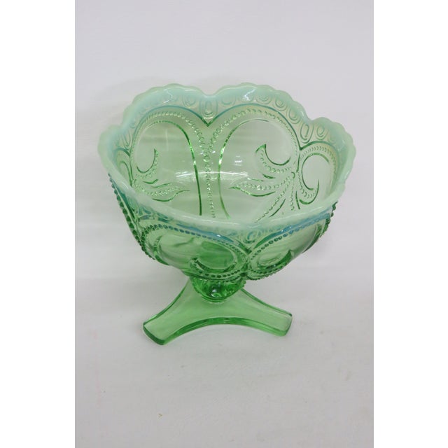 Green Jefferson Glass Beaded Fleur De Lis Green Opalescent Candy Compote Bowl 4568b For Sale - Image 8 of 18