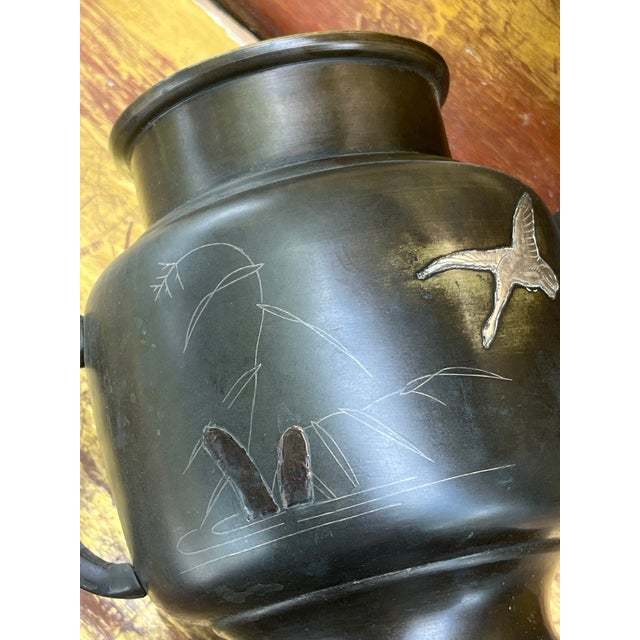 Antique Japanese Bronze Usubata Vase – Meiji Period, Crane and Bamboo Inlay. For Sale In West Palm - Image 6 of 9