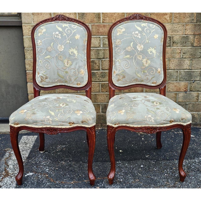 Set of 4 Provincial Fruitwood and Embroidered Ultrasuede Upholstery Side Chairs For Sale - Image 4 of 10