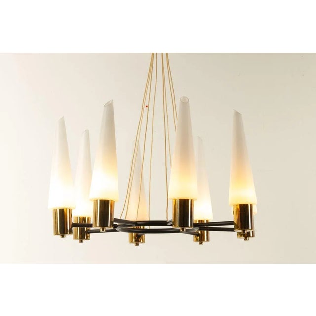 Vintage Mid-century Brass Chandelier with Opal Glass Shades 1960s. Elegant eight armed chandelier with hand blown opaline...