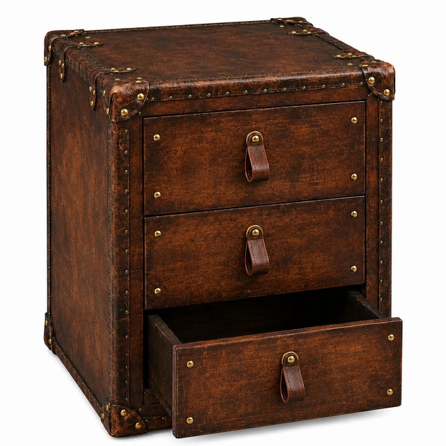 Vintage Style Leather Nightstand Set of 2, Cognac Brown Bedside Tables, Trunk Style Side Table, Handmade Rustic End Table, Luxury Bedroom Storage For Sale - Image 9 of 9