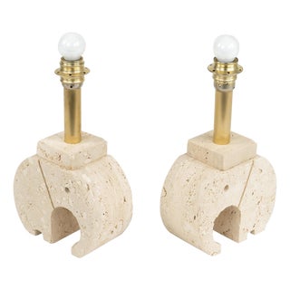 Mid-Century Modern Elephant Table Lamps in Travertine and Brass, 1970s, Set of 2 For Sale