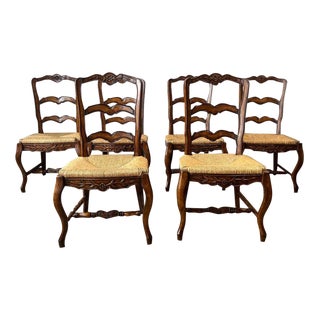 Mid 20th Century Vintage French Country Louis XV Style Carved Fruitwood Rush Seat Dining Chairs- Set of 6 For Sale