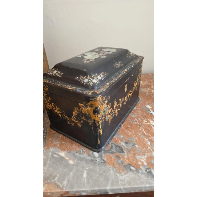 Late 19th Century Antique Victorian Papier Mache Tea Caddy Mother of Pearl Inlay Black Lacquer Box Cut Crystal Mixing Bowl 19th Century For Sale - Image 5 of 17