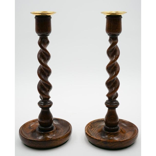 Wood English Early Victorian Oak Barley Twist Candleholders, Set of 2 For Sale - Image 7 of 10