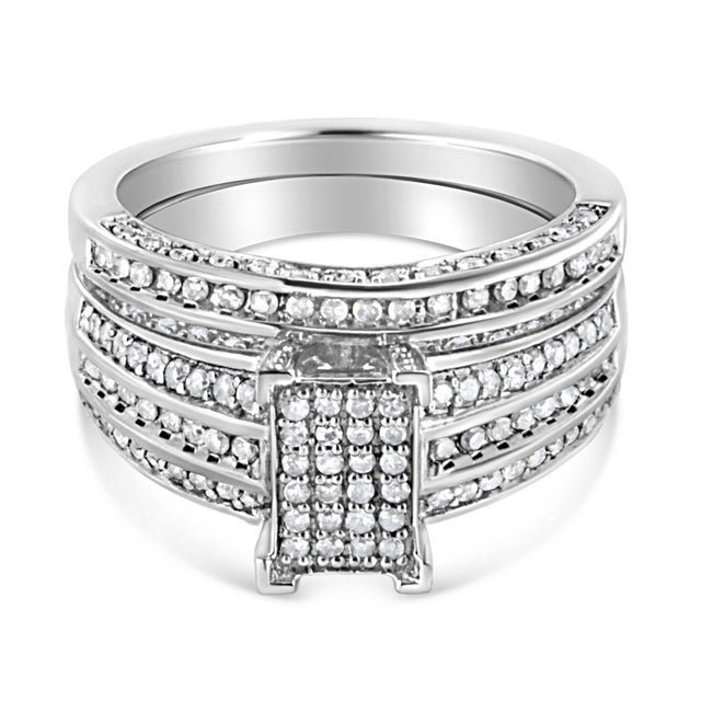 Contemporary .925 Sterling Silver 3/4 Cttw Prong Set Round Diamond Composite Engagement Ring and Band Set (I-J Color, I3 Clarity) - Size 12 For Sale - Image 3 of 6