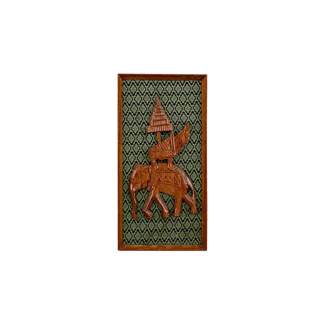 Vintage Thai Teak Wood Wall Hangings Featuring Elephants- Mounted on Green Patterned Fabric in Wood Frames. This style of...