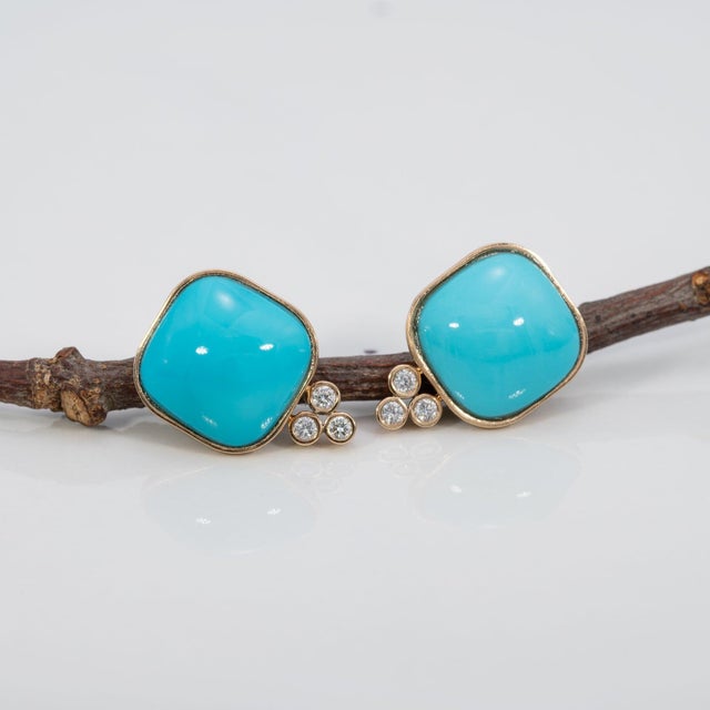 Modern 14Ct Sleeping Beauty Turquoise Stud Earrings With Natural Diamonds: 14k Gold, Pair For Sale - Image 3 of 6
