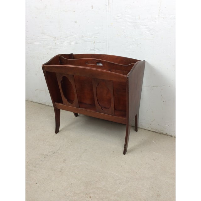 This mid century magazine rack features hardwood construction, original maple finish, two compartment design and tall...