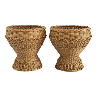Rattan Pedestal Planter Baskets Large - A Pair For Sale