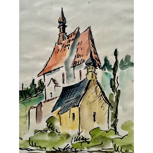 Rustic Henry Emil Salloch Original Watercolor on Paper Country Church , 1935. For Sale - Image 3 of 6