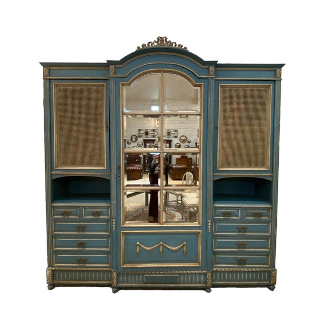 Wood Oversized French Blue Mirrored Armoire With Shelves and Drawers Circa 1860s For Sale - Image 7 of 12