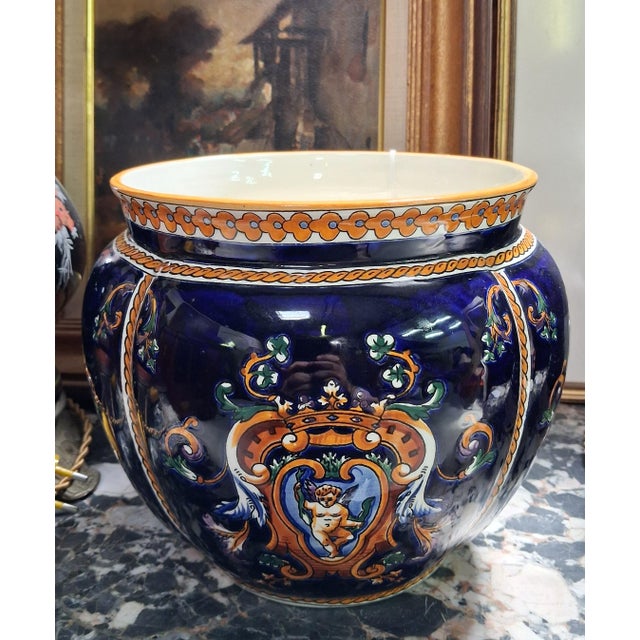 Renaissance Style Glazed Earthenware Cachepot with Heraldic Decoration from Gien For Sale - Image 3 of 8