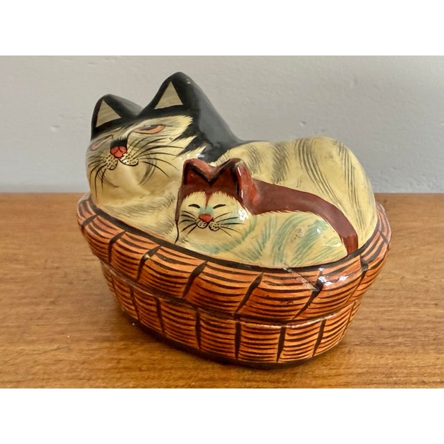 Paper Vintage Papier-Mâché Cat Basket Trinket Box For Sale - Image 7 of 9