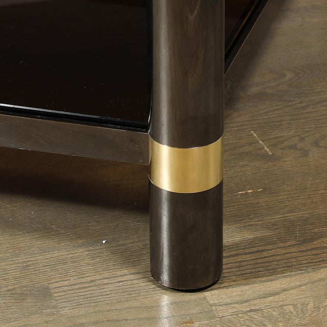 1980s Mid-Century Signed Karl Springer 2-Tier Gunmetal & Brass Cocktail Table For Sale - Image 5 of 13