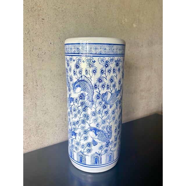 Vintage Chinese Blue and White Porcelain Fish Umbrella Stand For Sale - Image 4 of 6