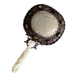 Antique 19th Century Chinese Carved Jade-Mounted and Bejeweled & Repoussé Silver Tone Metal Back Hand Mirror 7.3"x4" For Sale