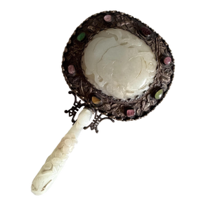 Heavy Antique 19th Century Chinese Carved Jade-Mounted and Bejeweled & Repoussé Silver Tone Metal Back Hand Mirror 7.3"x4"