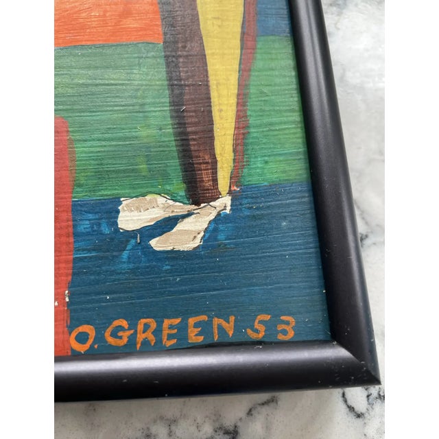 Mid-Century Modern Mid Century Modern Oliver Green Oil Painting on Board in Black Met Frame For Sale - Image 3 of 6