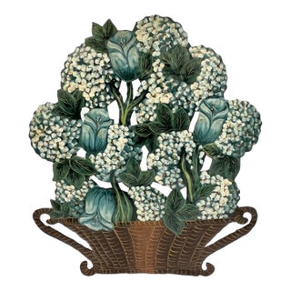 Vintage Toleware Hand-Painted Blue Hydrangea Basket Fireplace Screen Dummy Board For Sale