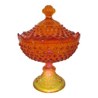 Fenton Amberina Hobnail Style Scalloped Rim Pedestal Covered Candy Dish 4564b For Sale