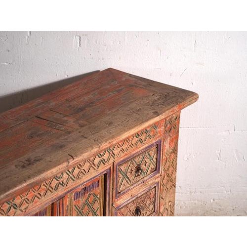 Low Antique Polychrome Carved Fir Cabinet, Xinjiang, China, 1900 For Sale - Image 4 of 14