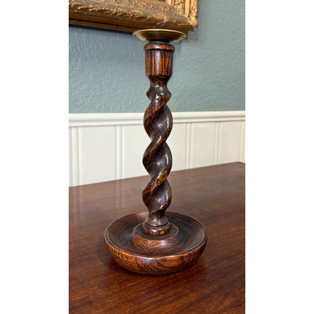 Antique English Barley Twist Candlesticks Candle Holders Oak Pair 10.5" Tall For Sale - Image 14 of 17