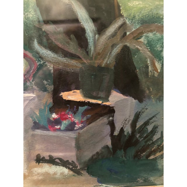 Lovely Vintage Impressionist Garden Backyard Scene Pastel Drawing – Patio Chair Under Tree, Framed For Sale - Image 4 of 10