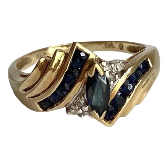 Sapphire & Diamond Cocktail Ring 10k Gold Marquise Cut Vintage 90s Size 7 For Sale