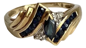 Sapphire & Diamond Cocktail Ring 10k Gold Marquise Cut Vintage 90s Size 7