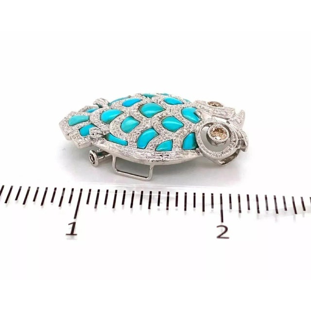Champagne Diamond Turquoise 18k White Gold Owl Pendant Brooch For Sale In Miami - Image 6 of 6