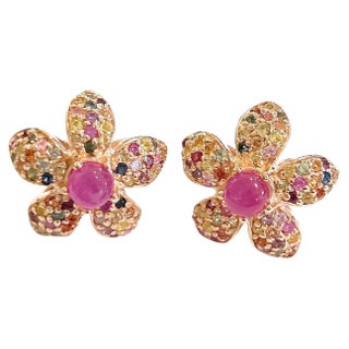Bochic “Orient” Ruby and Fancy Color Sapphires Set In 18K Gold and Silver Earrings For Sale