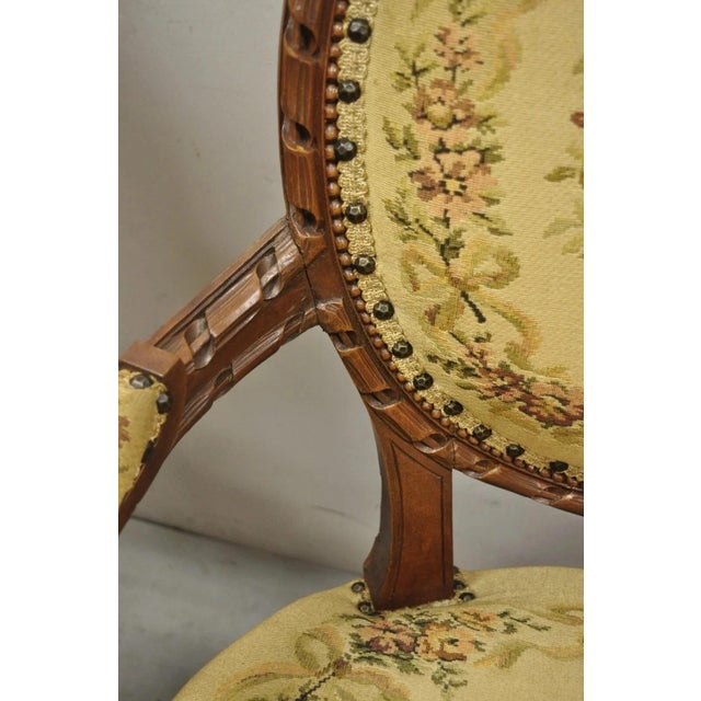 Early 20th Century Antique French Country Louis XV Victorian Floral Tapestry Arm Chairs - A Pair For Sale - Image 5 of 12