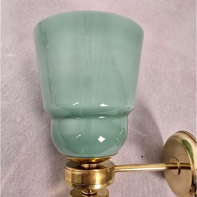 Metal 1990s Mid Century Modern, Celadon Green Murano Glass Sconces - a Pair For Sale - Image 7 of 12