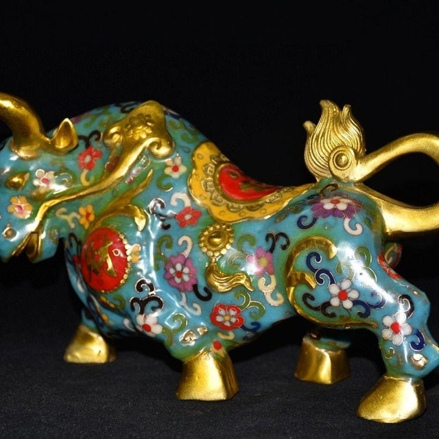 Vintage Cloisonne Enamel Bull Figurine – 11" Gilt Ox Sculpture With Floral Motif For Sale In Los Angeles - Image 6 of 18