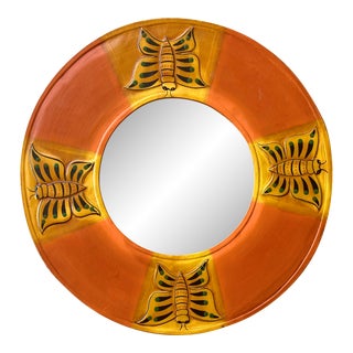 Circa 1980 Whimsical Hand Painted Wooden Butterfly Circular Wall Mirror, Mexico For Sale