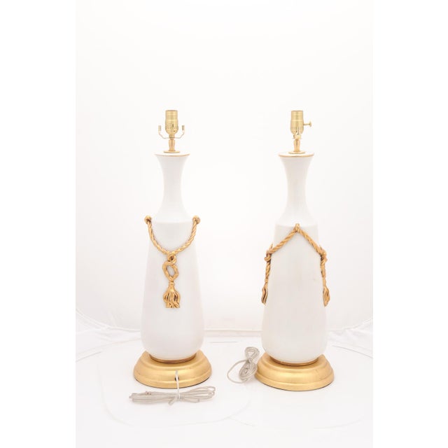 Ceramic Pair of Large Signed Italian Marbro Ceramic + Gilt Tassel Lamps, 1960s For Sale - Image 7 of 12