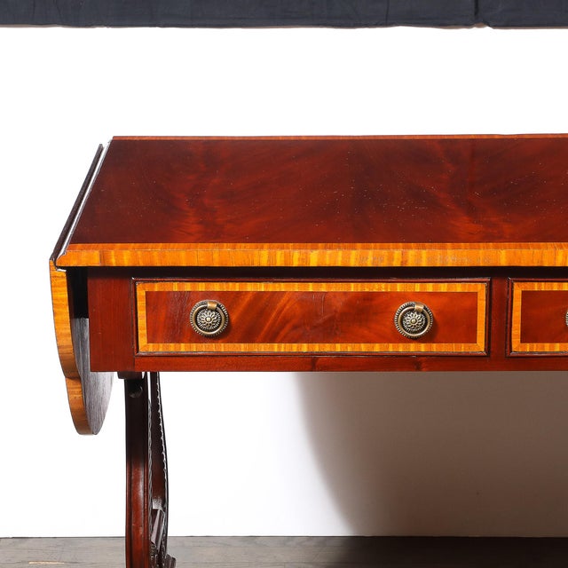 Edwardian Mahogany Writing Desk W/ Inlaid Exotic Wood Detailing & Bronze Pulls For Sale - Image 9 of 18