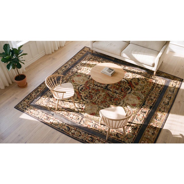 1870s Tan Camel Medallion Antique French Needlepoint Rug 11' X 11' Flatweave Wool Silk Carpet For Sale - Image 12 of 14