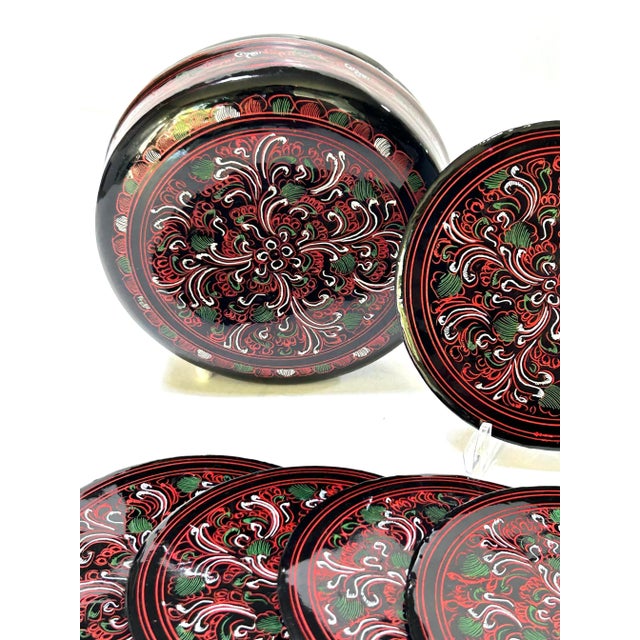 Mid-Century Modern 1960s Japanese Lacquerware Coasters – Vintage Asian Barware Set With Box For Sale - Image 3 of 11