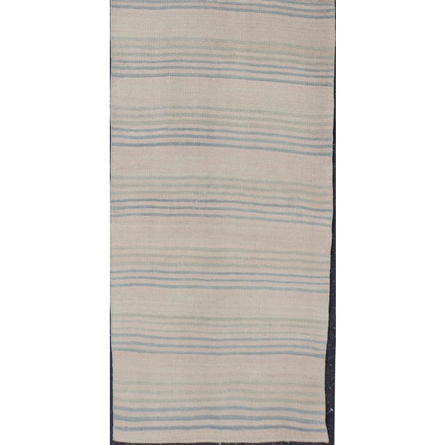 Stripe Design Turkish Vintage Kilim Runner in Shades of Ivory and Light Blue For Sale In Atlanta - Image 6 of 12