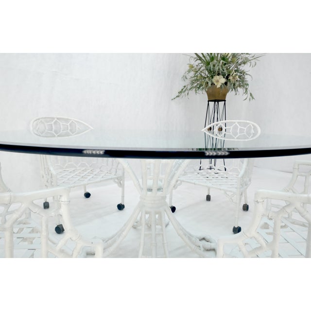 Mid-Century Modern Cast Aluminum Faux Bamboo 4 Arm Chairs 60" 3/4" Glass Top Dining Table Set For Sale - Image 3 of 12
