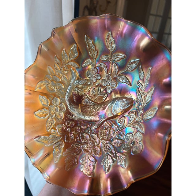 Antique Millersburg Trout & Fly Carnival Glass 3n1 Bowl, in Marigold For Sale - Image 4 of 6