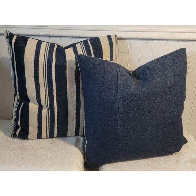 Great used condition linen Pillows with blue and white stripes with blue linen backing.