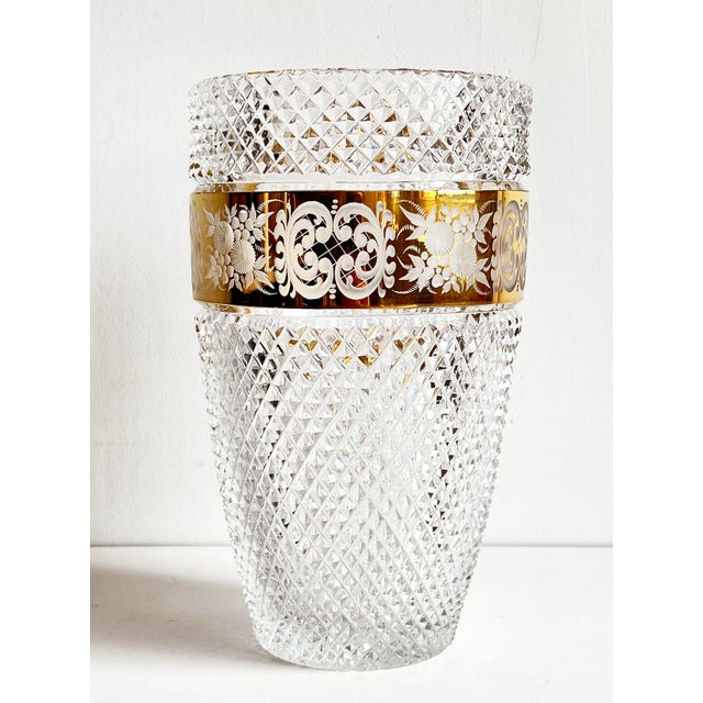 Traditional Vintage Moser Cut Crystal Czech Bohemian Vase With Gilded Floral Band For Sale - Image 3 of 9