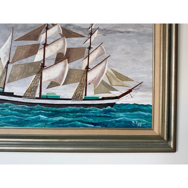 Sky Blue 1970's R. Seaman American Tall Ship Ocean Landscape Oil on Board Painting, Framed For Sale - Image 8 of 12