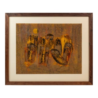 Rare Mid-Century Modern Earth Toned Parliament of Owls Painting With Custom-Made Walnut Frame Attributed to Sukhya, C. 1960s For Sale
